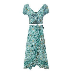 Green Floral Tie-Front Crop Top & Tulip-Hem Skirt